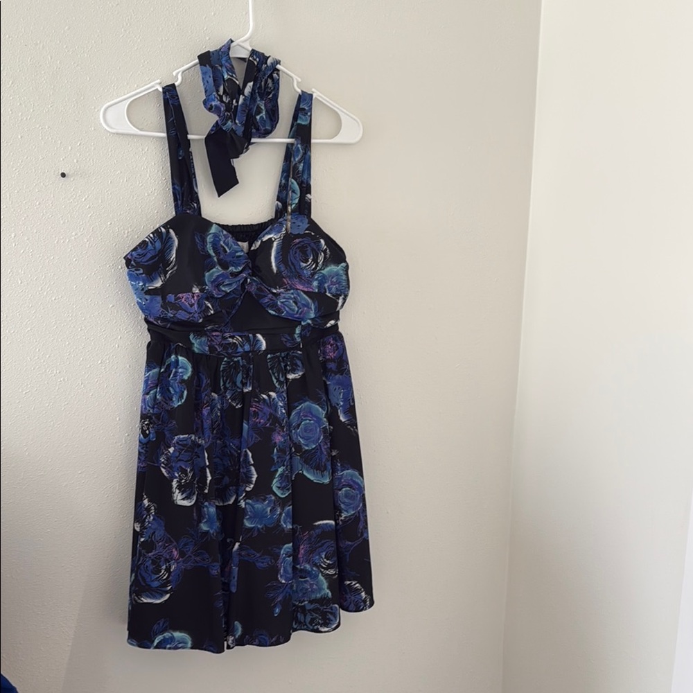 Candie's Floral Mini Dress with Scarf - Black and Blue
